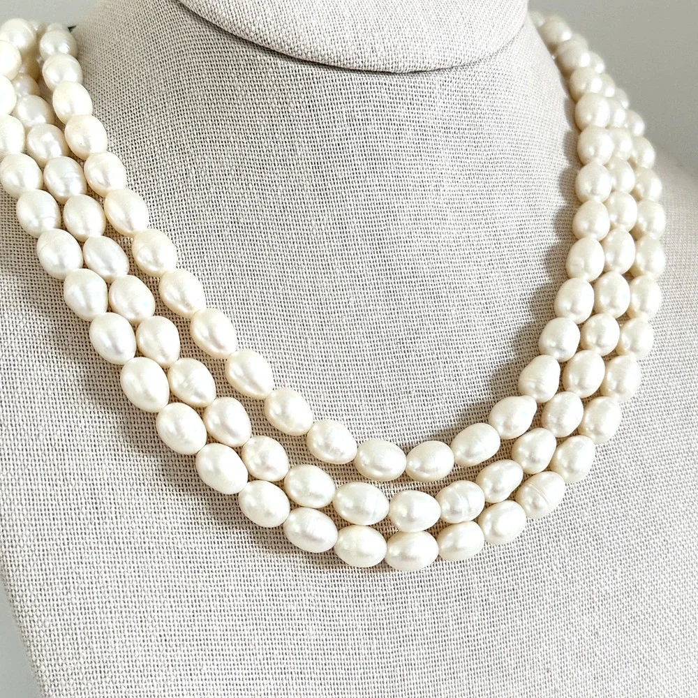 925 Sterling Silver Vintage Genuine Pearl Chunky Triple Strand 3 Row Necklace